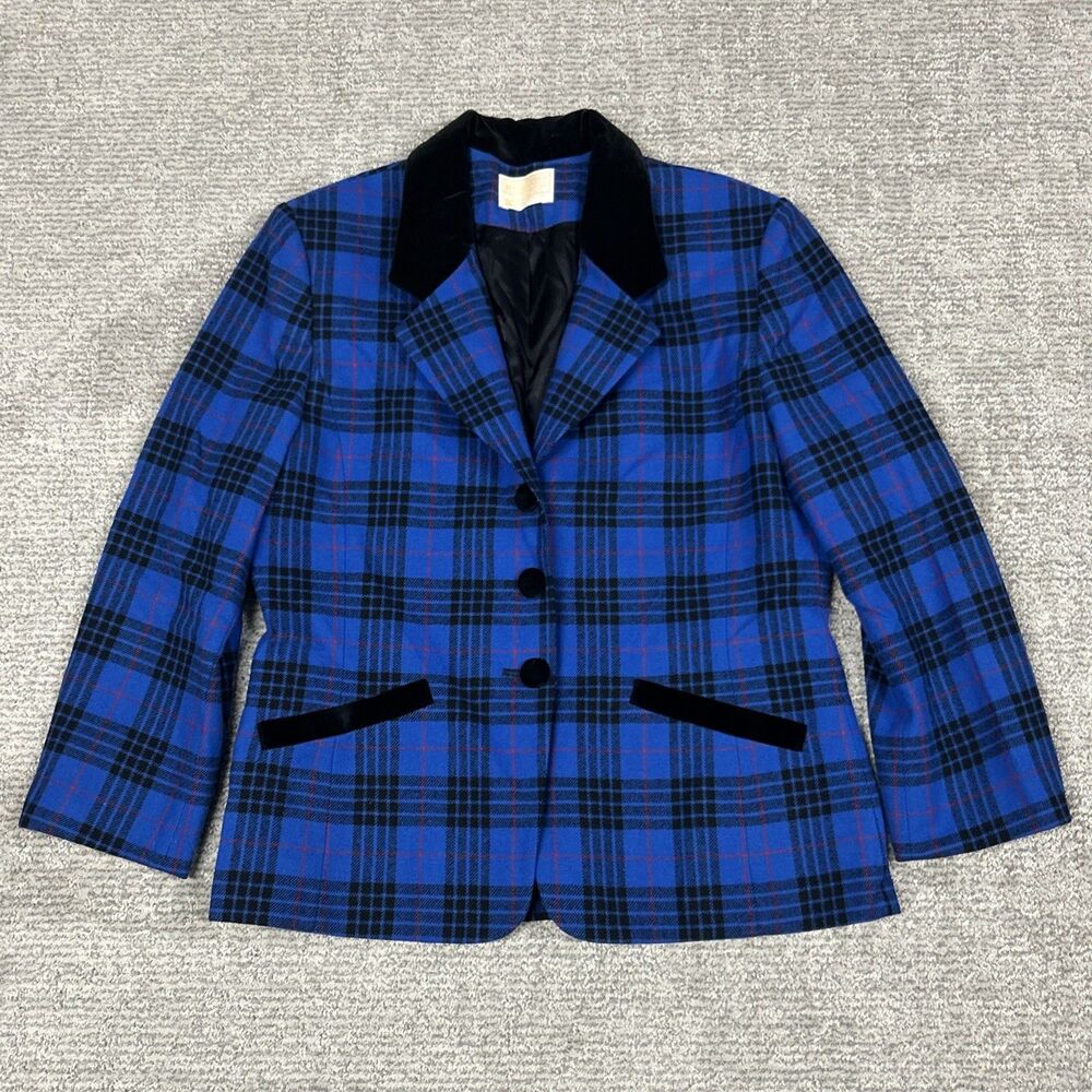 Pendleton Wool Blazer Womens 14 Blue Plaid Jacket USA Velvet Trim Preppy Vintage